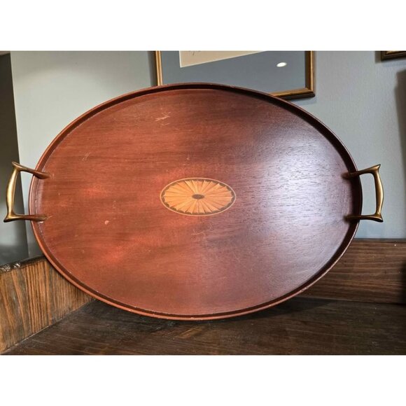 Handmade Vintage Marquetry Inlaid Wood Tea Tray with Brass Handles - Picture 3 of 10